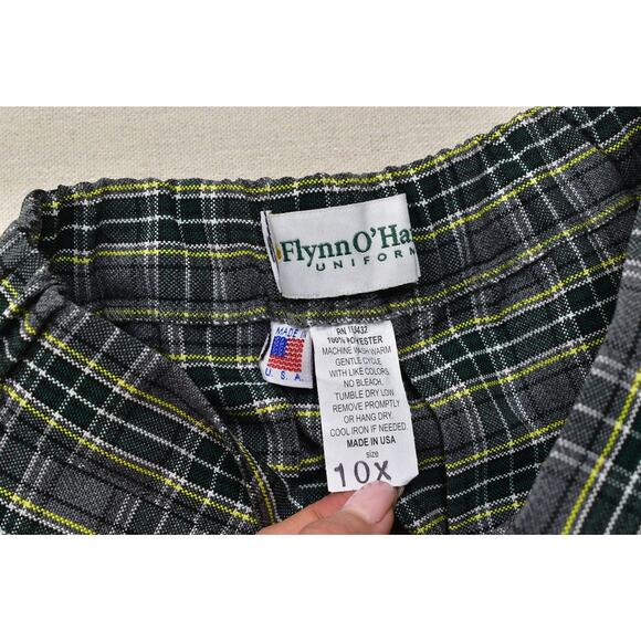Flynn O'Hara Uniform Plaid Pleated Skirt Size 10X Green Gray Yellow Made in USA - Picture 7 of 8